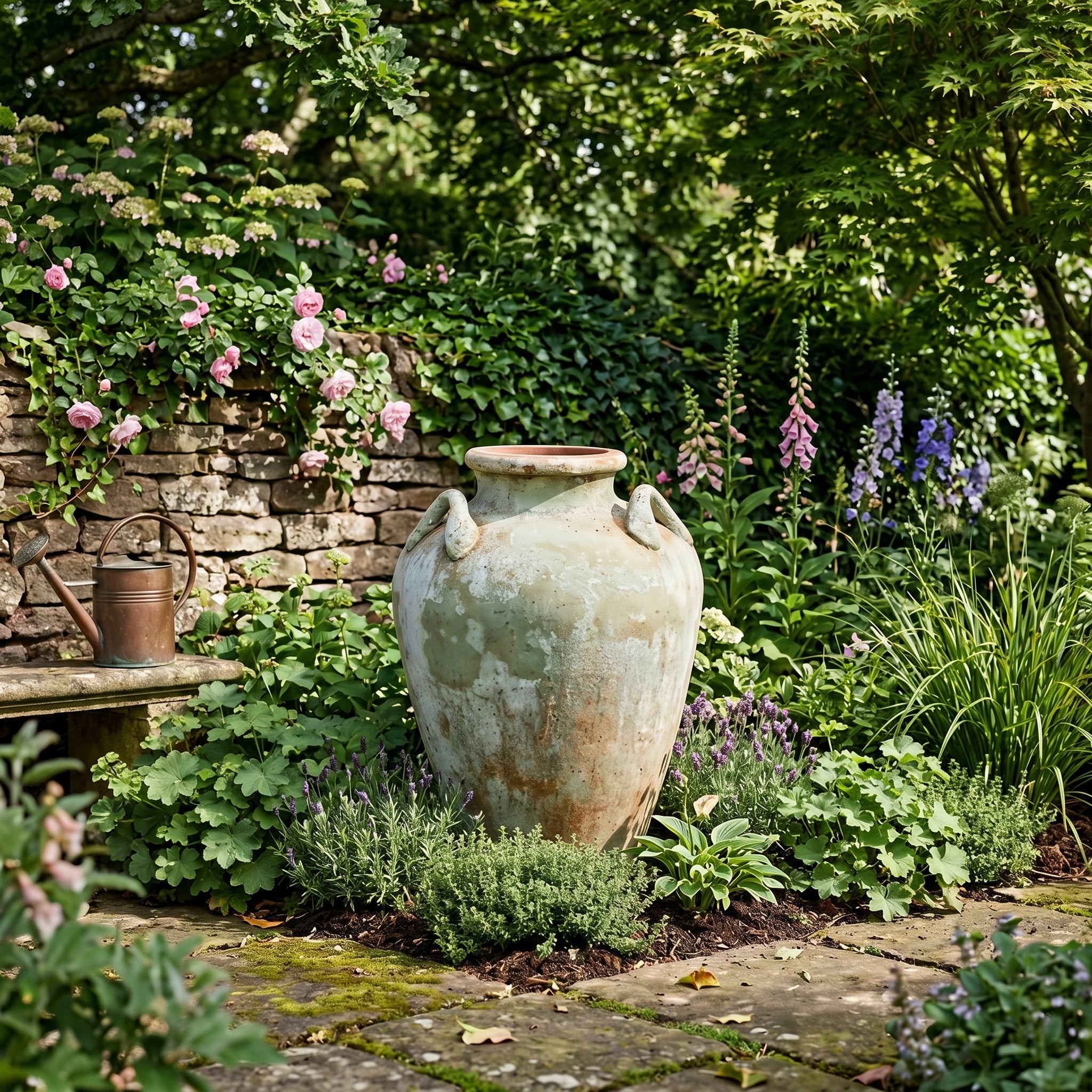 Decorative garden with a large stone vase, flowers, and a stone wall.