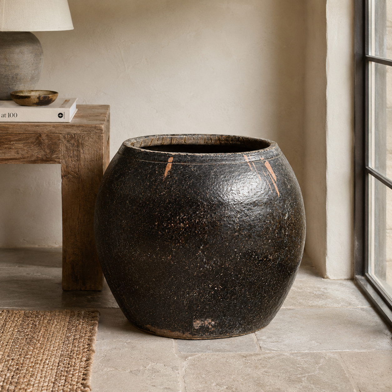 Large Round Antique Glazed Storage Pot - Tom's Yard